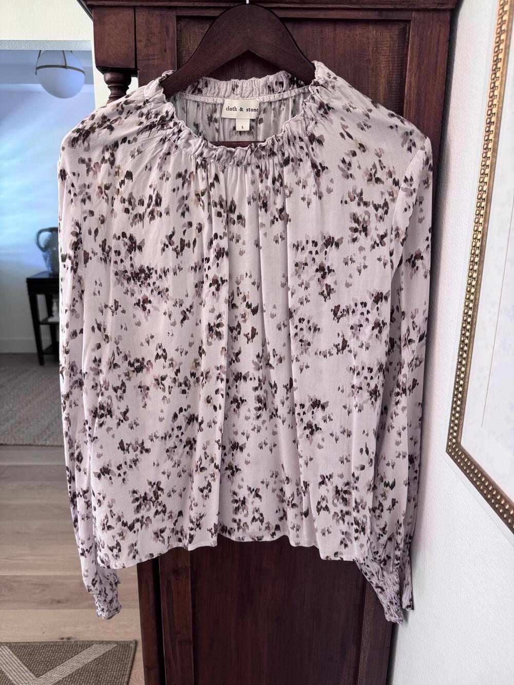 Cloth & Stone Blouse Womens Large Pink Brown Floral Long Sleeve Rayon Boho Top
